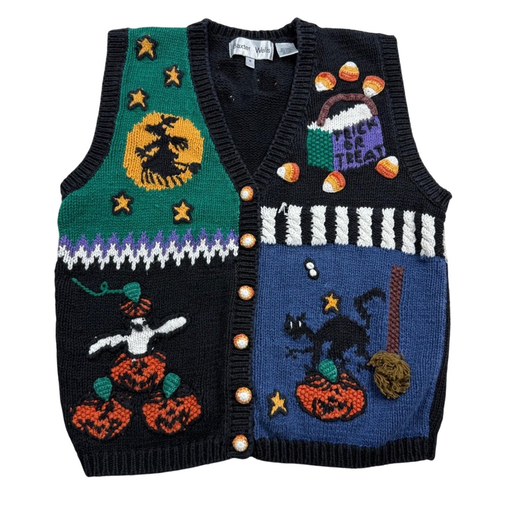 Baxter Wells Vintage Halloween Sweater Vest Witch Cat Ghost Candy Corn Medium